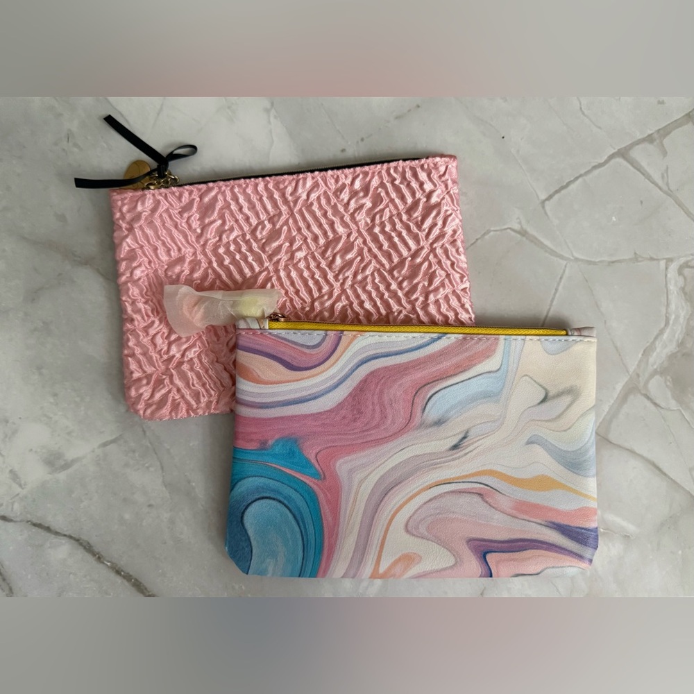 Ipsy Glam Makeup Bags Marble Ribbed Textured Baby Blue Pink -2 PACK